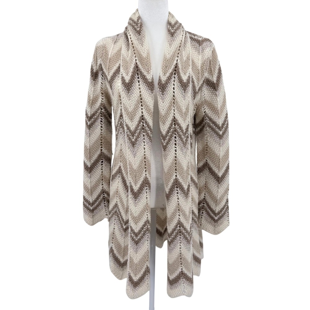 Lucky Brand Chevron Knit Pointelle Cardigan Sweater Beige Brown‎ Wool Alpaca M